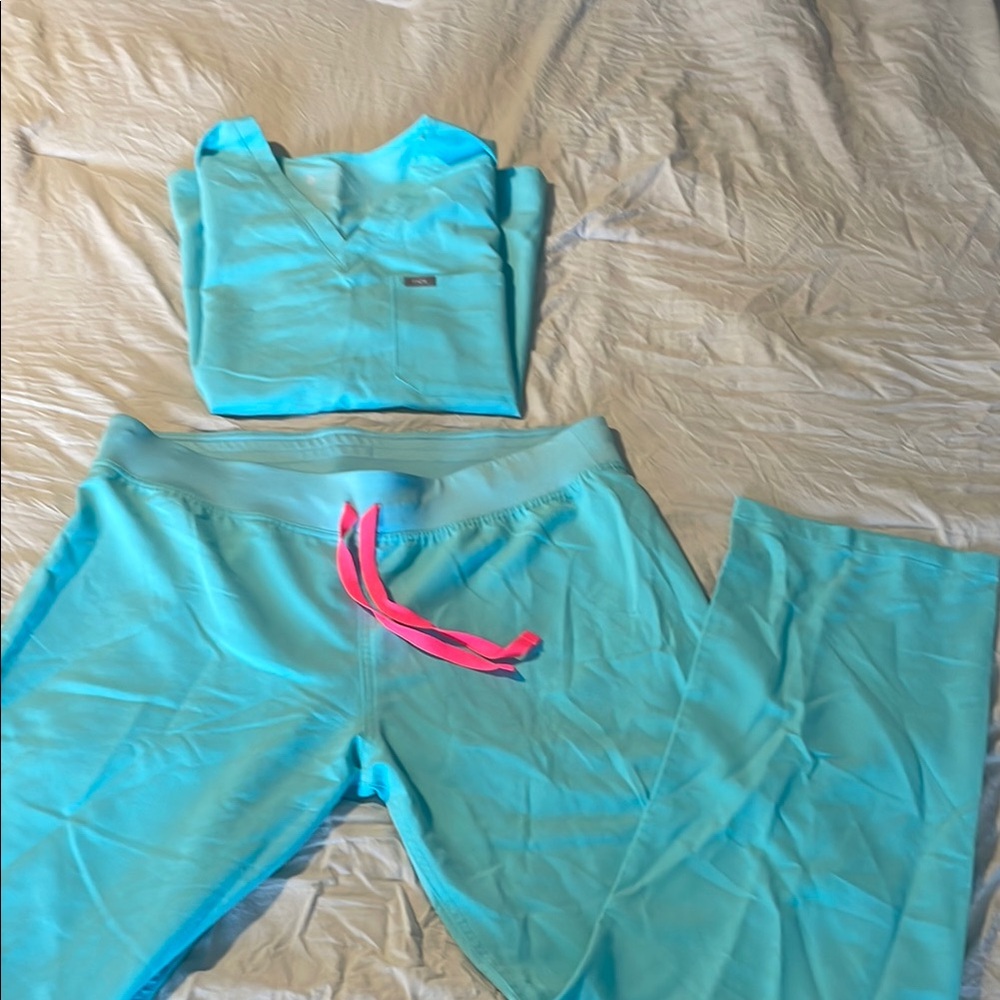 Figs Turquoise Scrub Set with Pink Accent